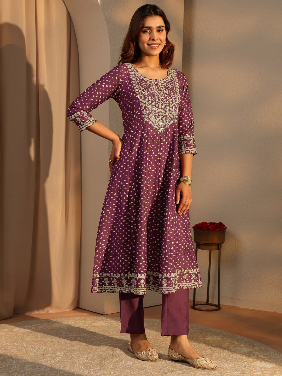 Burgundy Bandhani Printed Silk Blend A-Line Suit Set With Dupatta