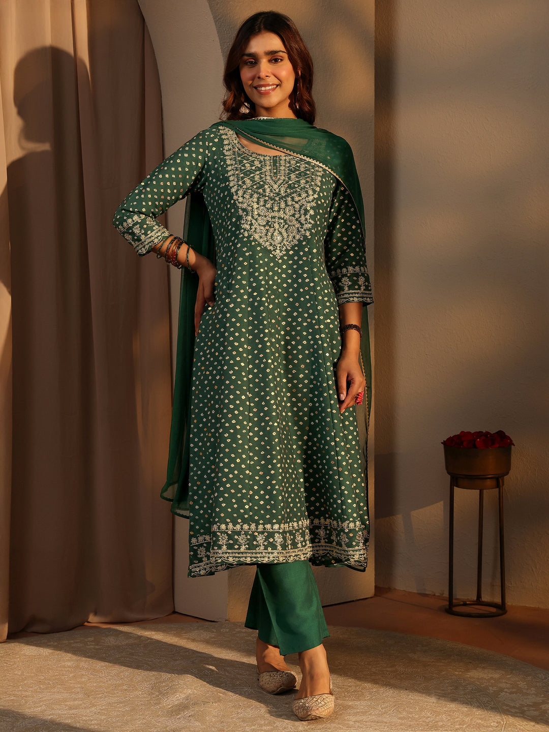 Green Bandhani Printed Silk Blend A-Line Suit Set With Dupatta