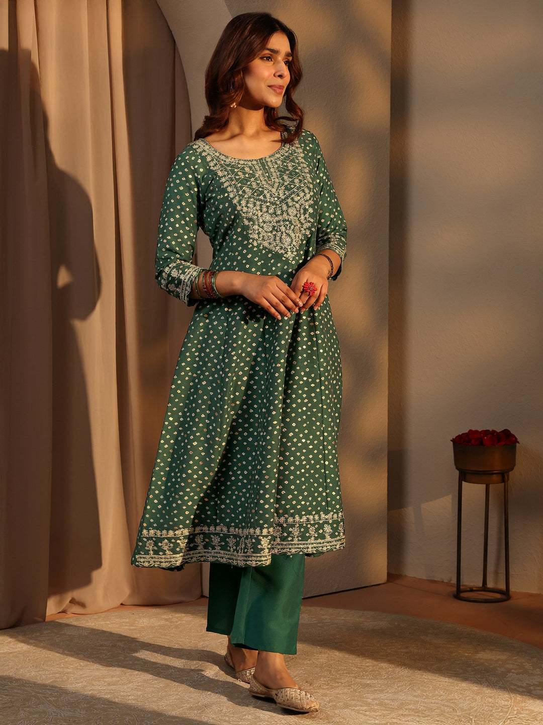 Green Bandhani Printed Silk Blend A-Line Suit Set With Dupatta