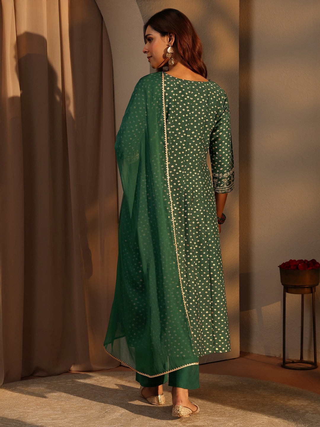Green Bandhani Printed Silk Blend A-Line Suit Set With Dupatta