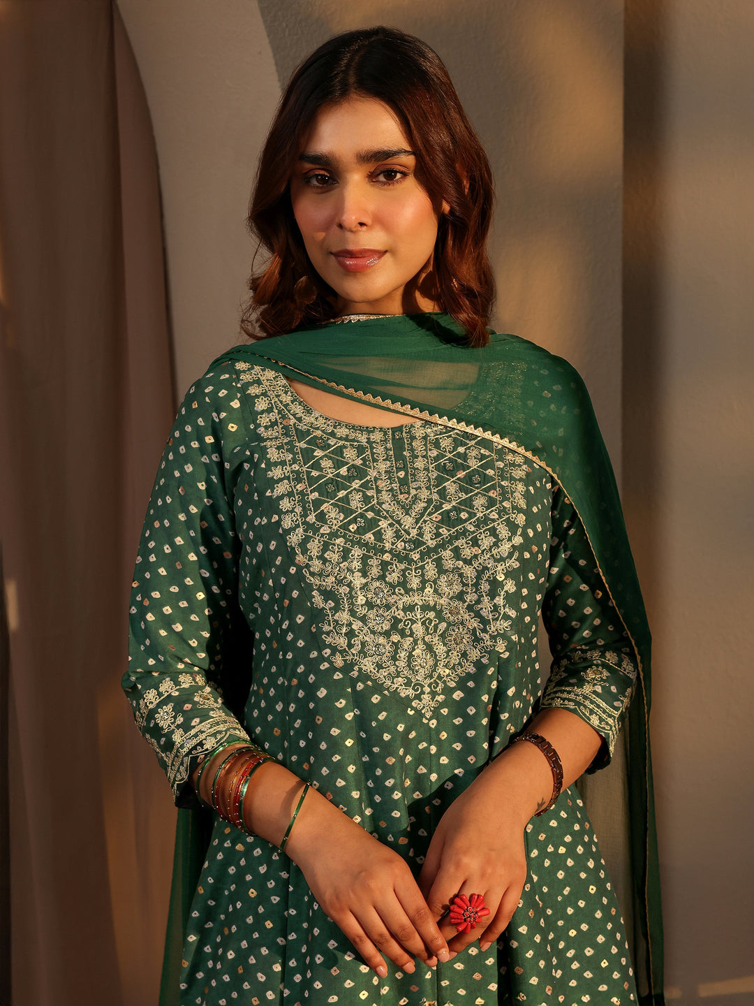 Green Bandhani Printed Silk Blend A-Line Suit Set With Dupatta