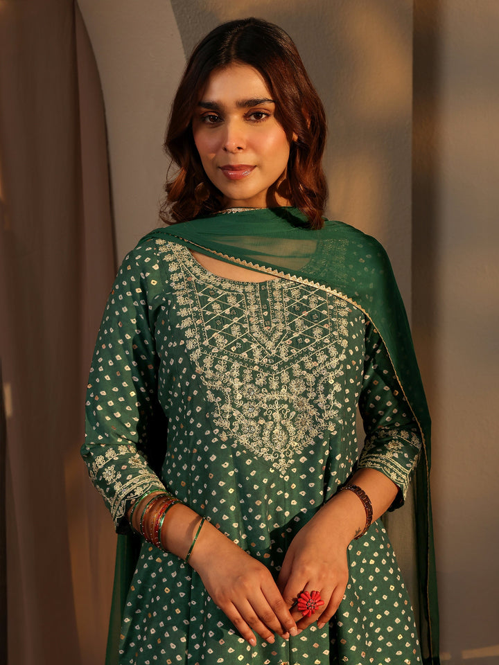 Green Bandhani Printed Silk Blend A-Line Suit Set With Dupatta