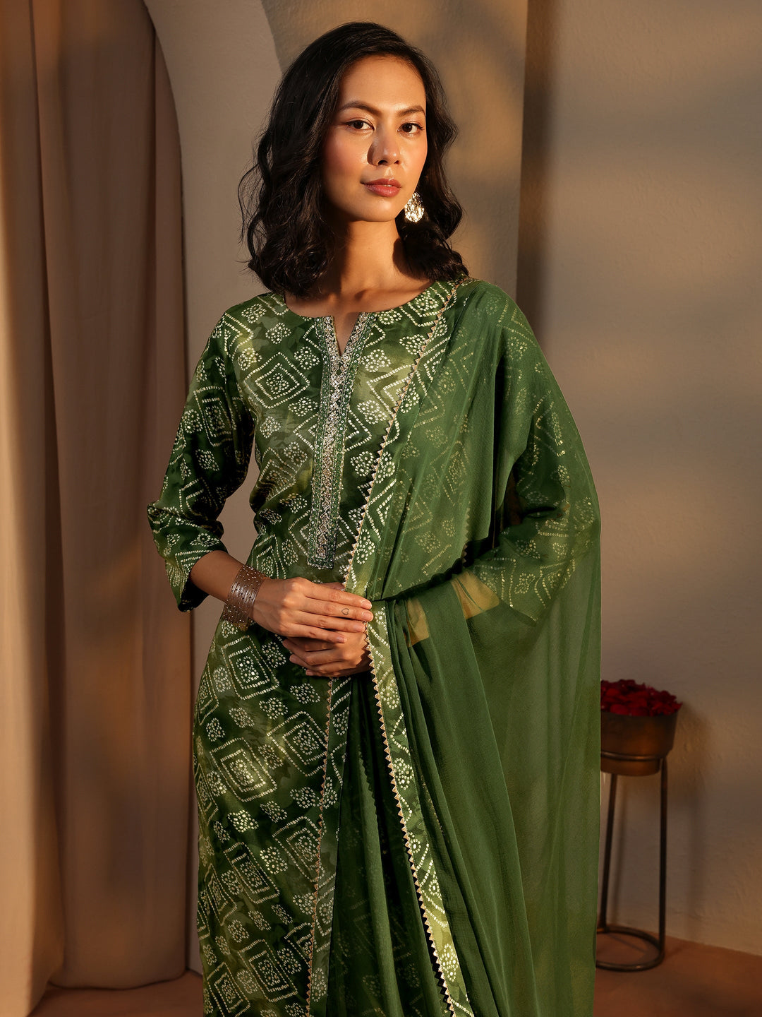 Green Bandhani Printed Rayon Straight Suit Set With Dupatta