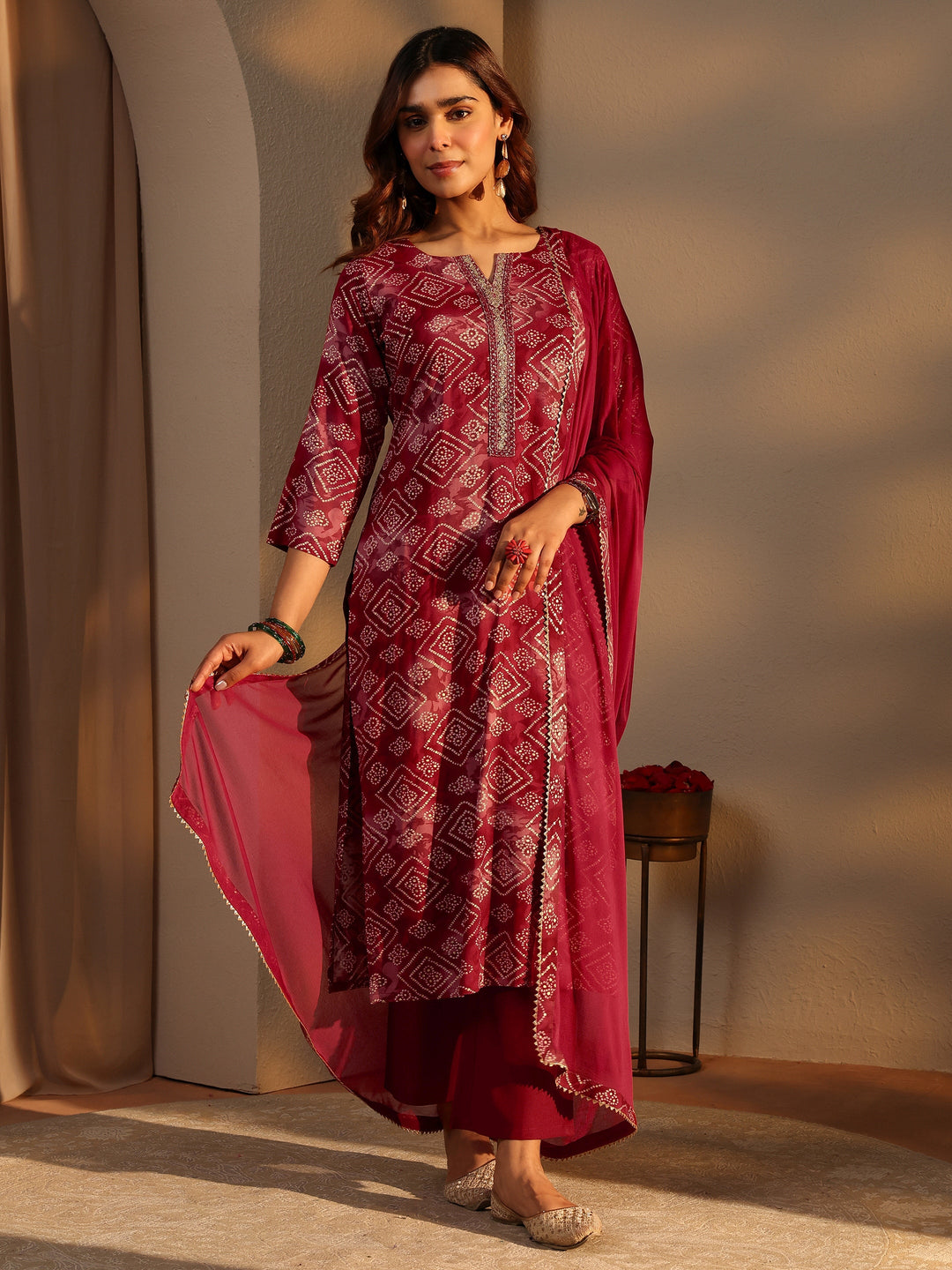 Maroon Bandhani Printed Rayon Straight Suit Set With Dupatta