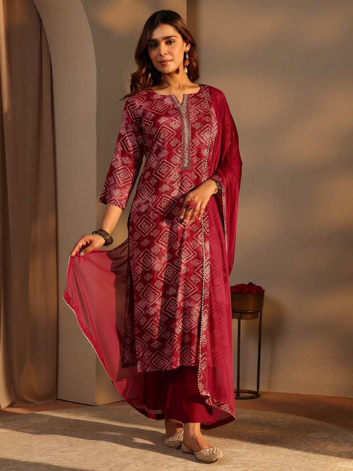 Maroon Bandhani Printed Rayon Straight Suit Set With Dupatta