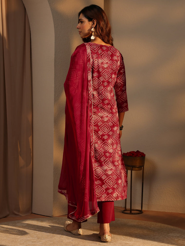 Maroon Bandhani Printed Rayon Straight Suit Set With Dupatta