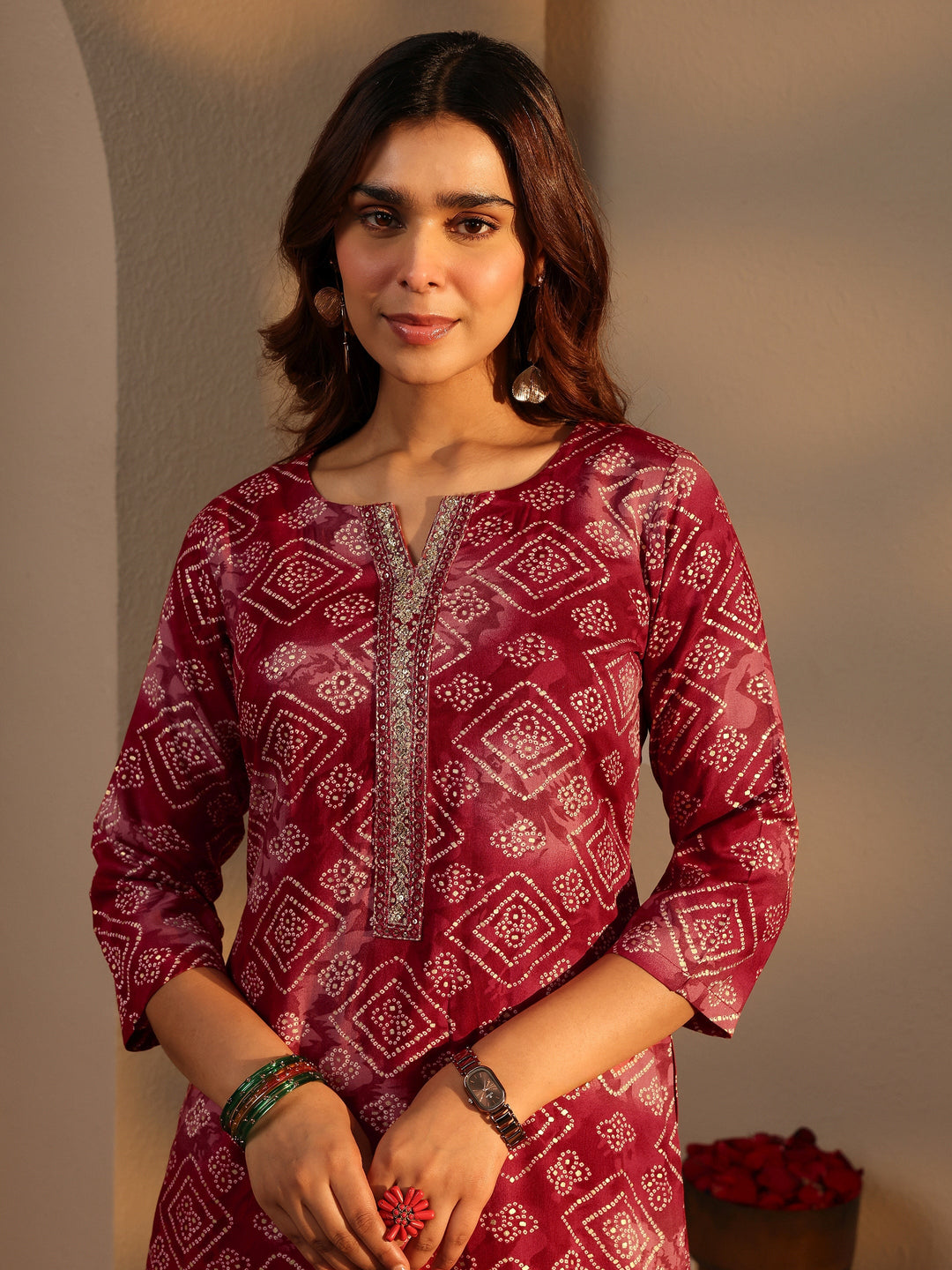 Maroon Bandhani Printed Rayon Straight Suit Set With Dupatta