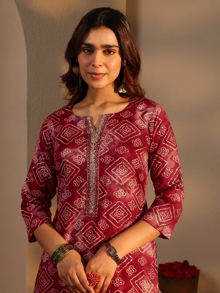 Maroon Bandhani Printed Rayon Straight Suit Set With Dupatta