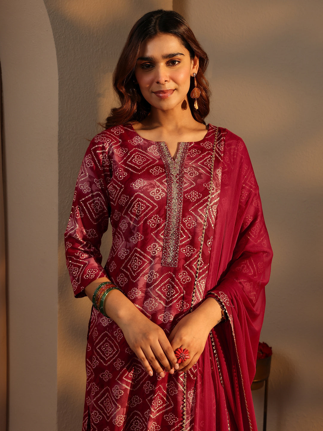 Maroon Bandhani Printed Rayon Straight Suit Set With Dupatta