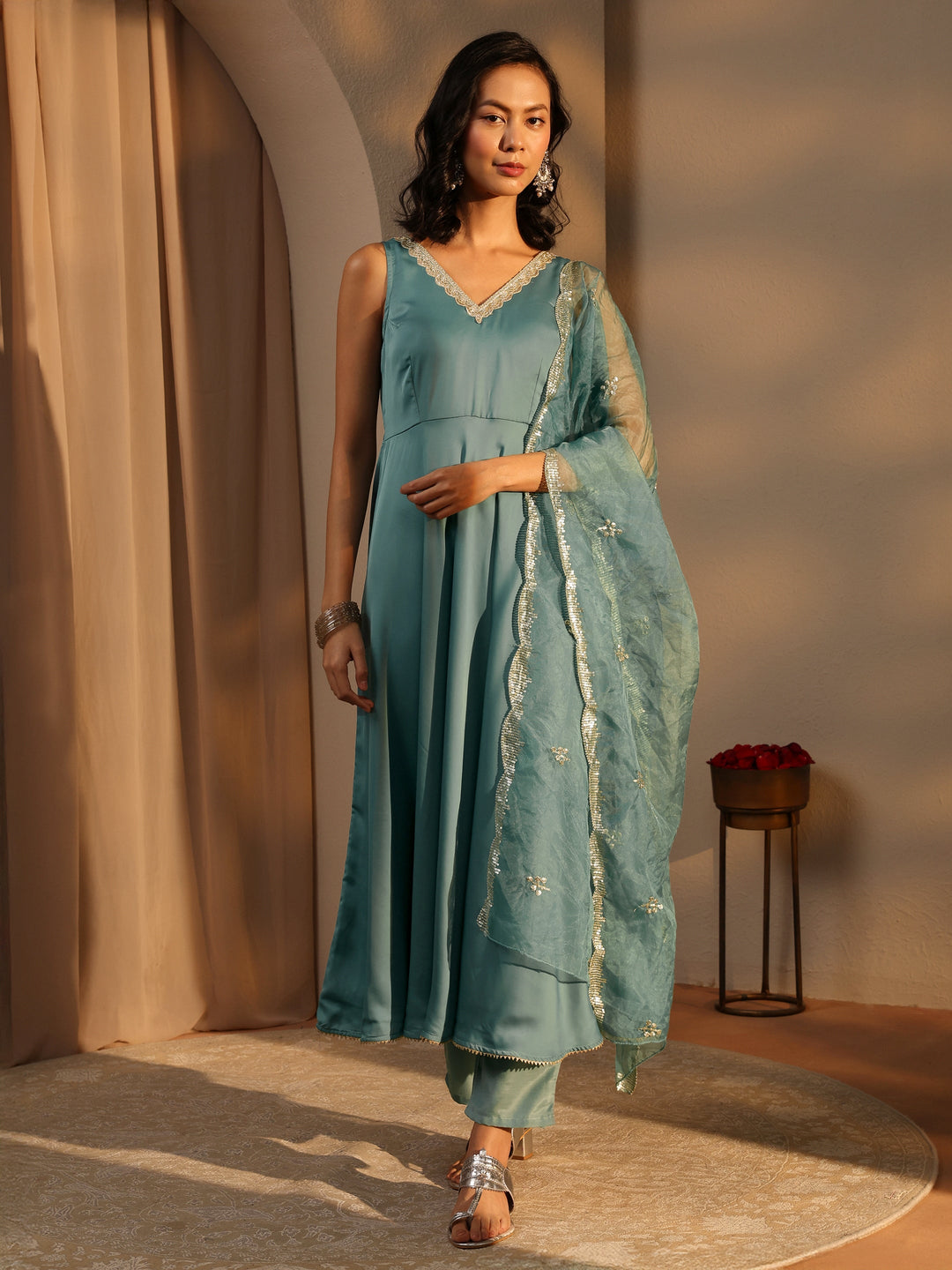 Blue Solid Satin A-Line Suit Set With Dupatta