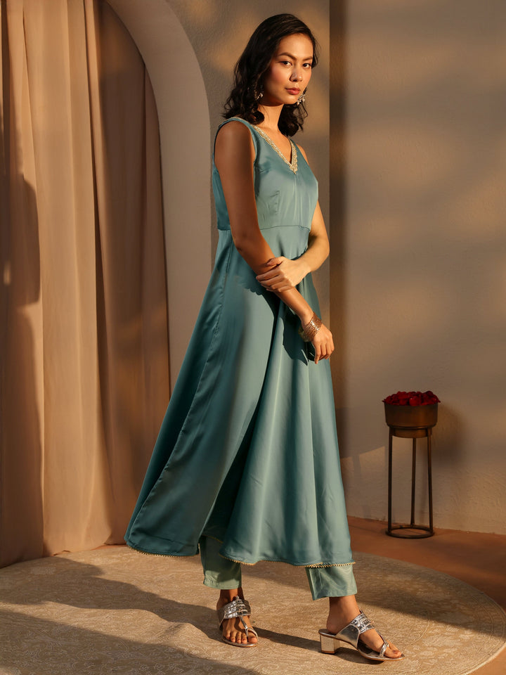 Blue Solid Satin A-Line Suit Set With Dupatta