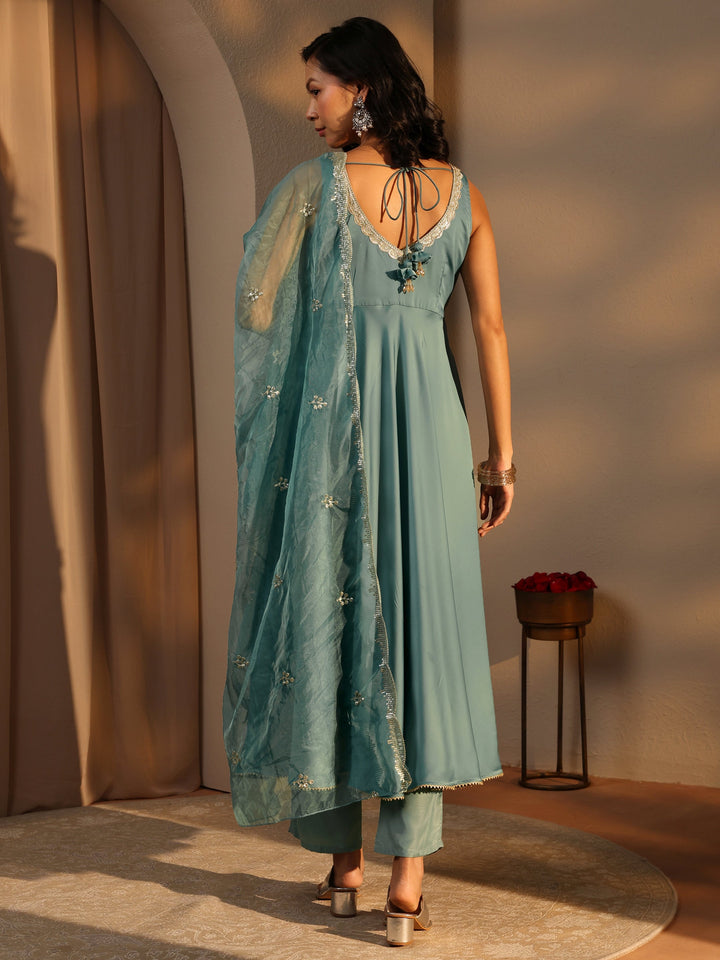 Blue Solid Satin A-Line Suit Set With Dupatta