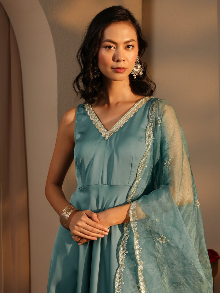Blue Solid Satin A-Line Suit Set With Dupatta