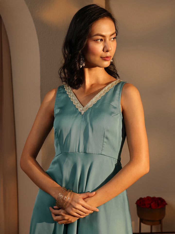 Blue Solid Satin A-Line Suit Set With Dupatta