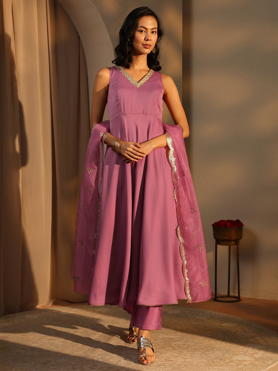 Pink Solid Satin Anarkali Suit Set With Dupatta