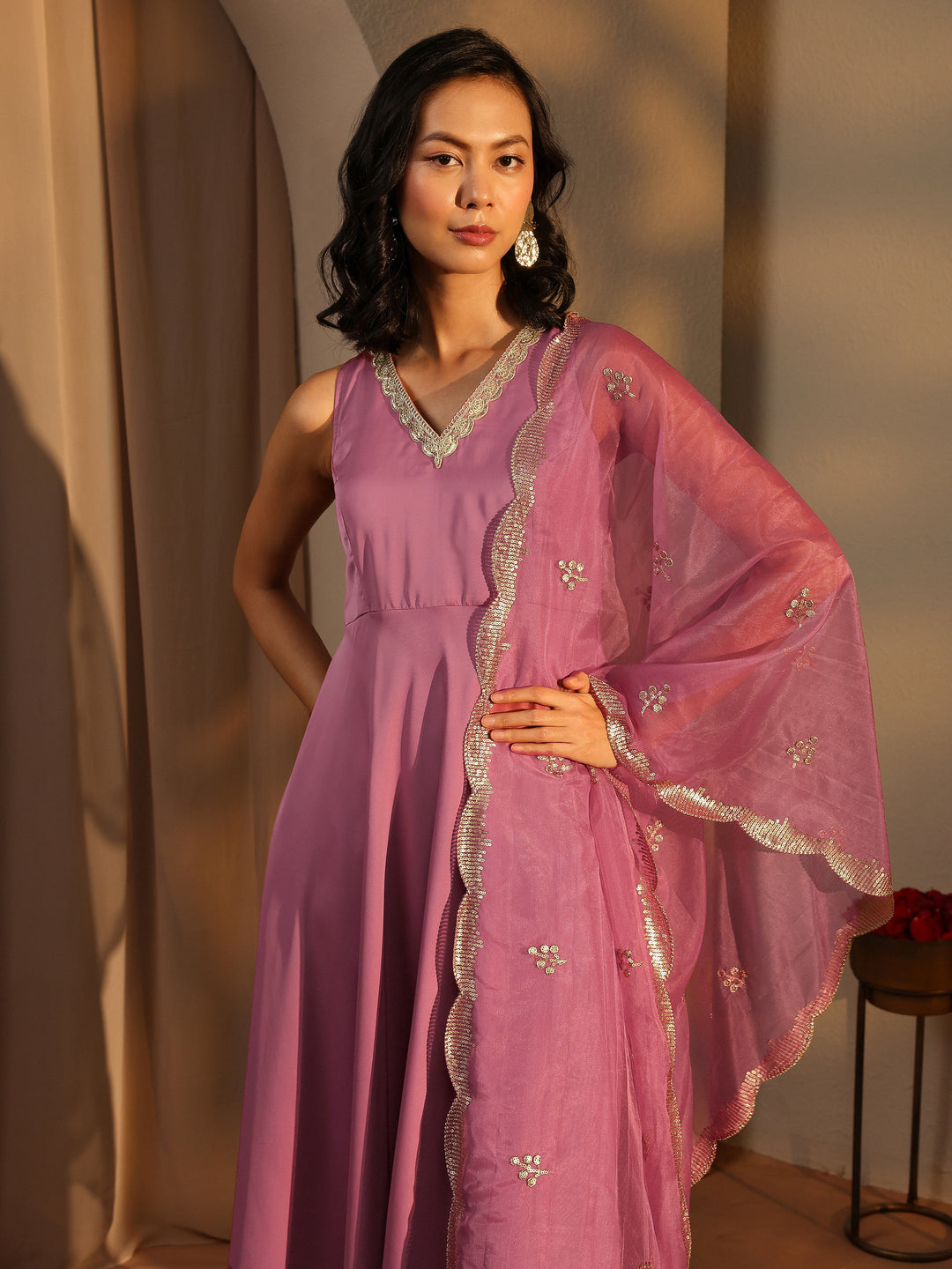 Pink Solid Satin Anarkali Suit Set With Dupatta