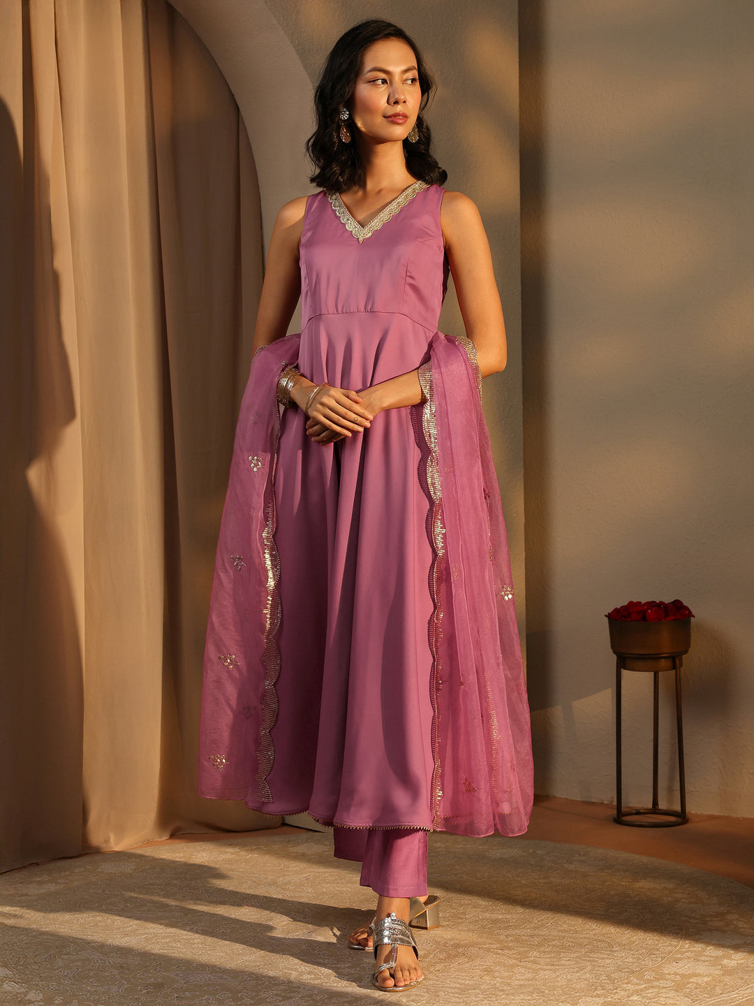 Pink Solid Satin Anarkali Suit Set With Dupatta