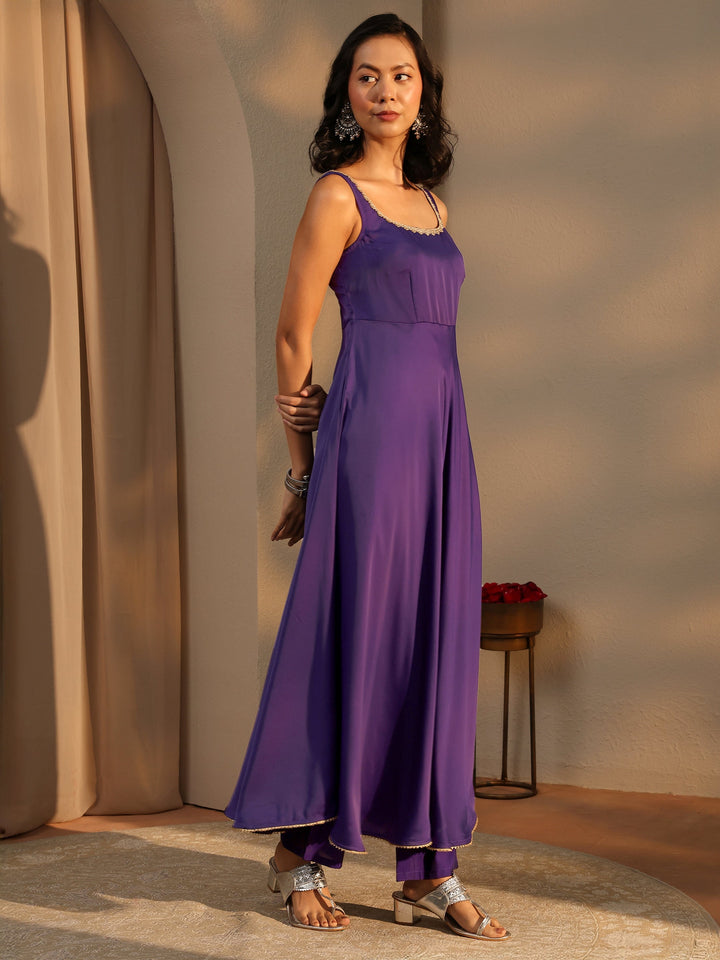 Purple Solid Satin A-Line Suit Set With Dupatta