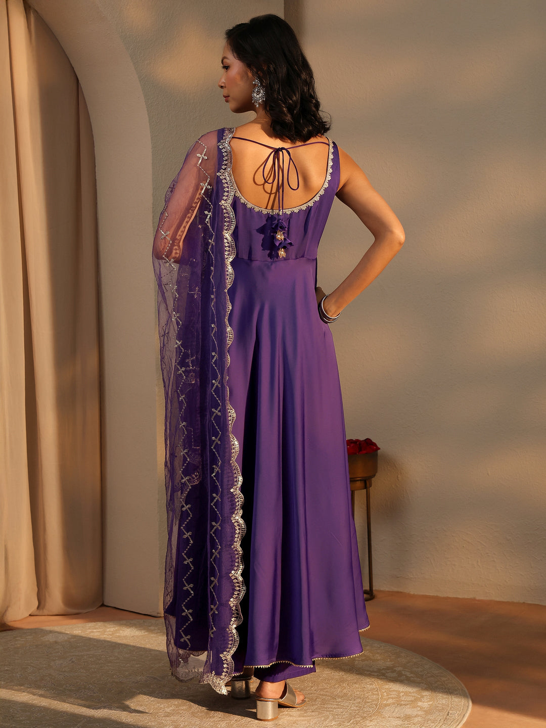 Purple Solid Satin A-Line Suit Set With Dupatta