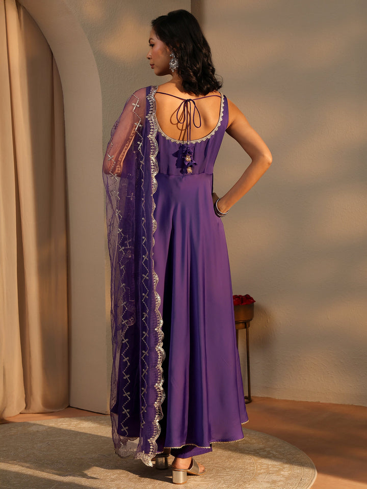 Purple Solid Satin A-Line Suit Set With Dupatta