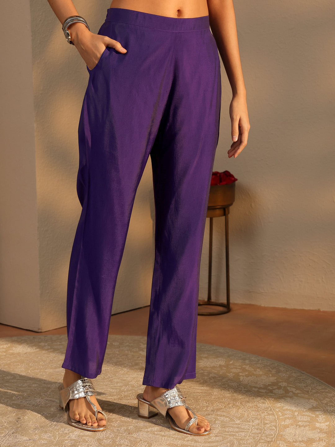 Purple Solid Satin A-Line Suit Set With Dupatta