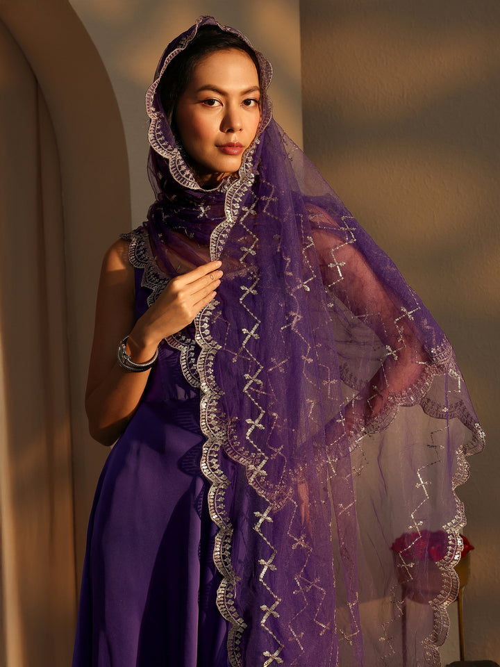 Purple Solid Satin A-Line Suit Set With Dupatta