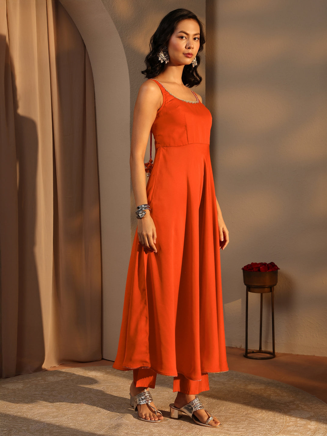 Rust Solid Satin A-Line Suit Set With Dupatta