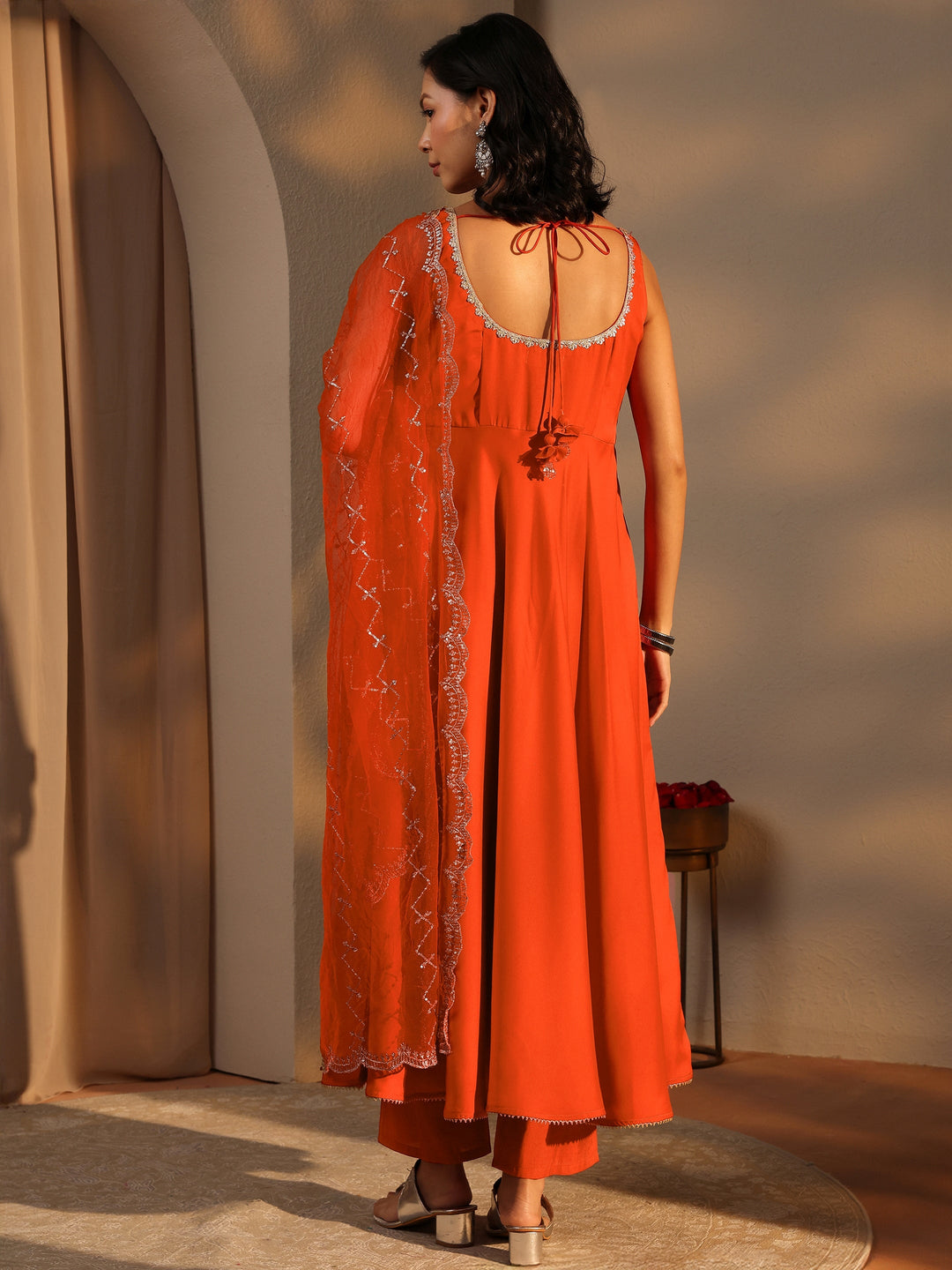 Rust Solid Satin A-Line Suit Set With Dupatta