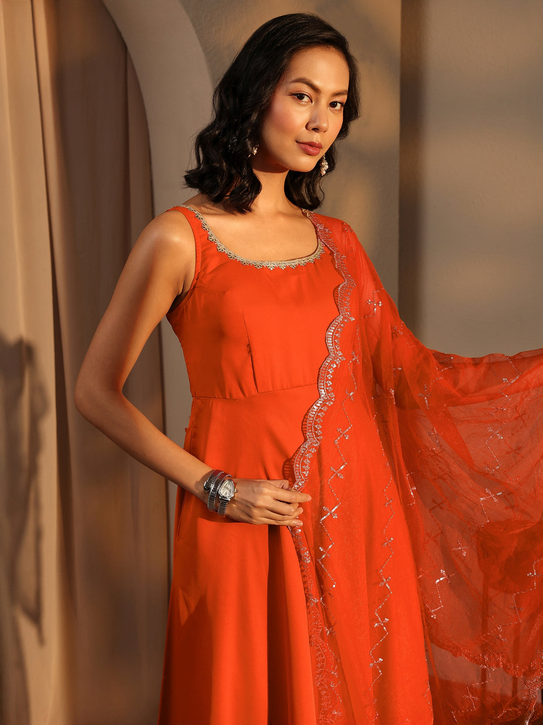Rust Solid Satin A-Line Suit Set With Dupatta