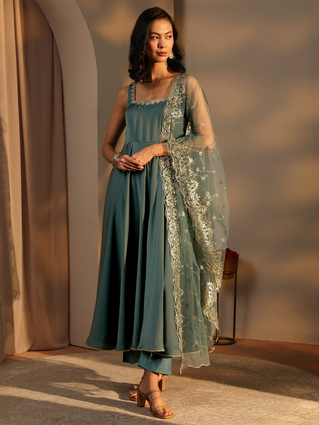 Green Solid Satin A-Line Suit Set With Dupatta