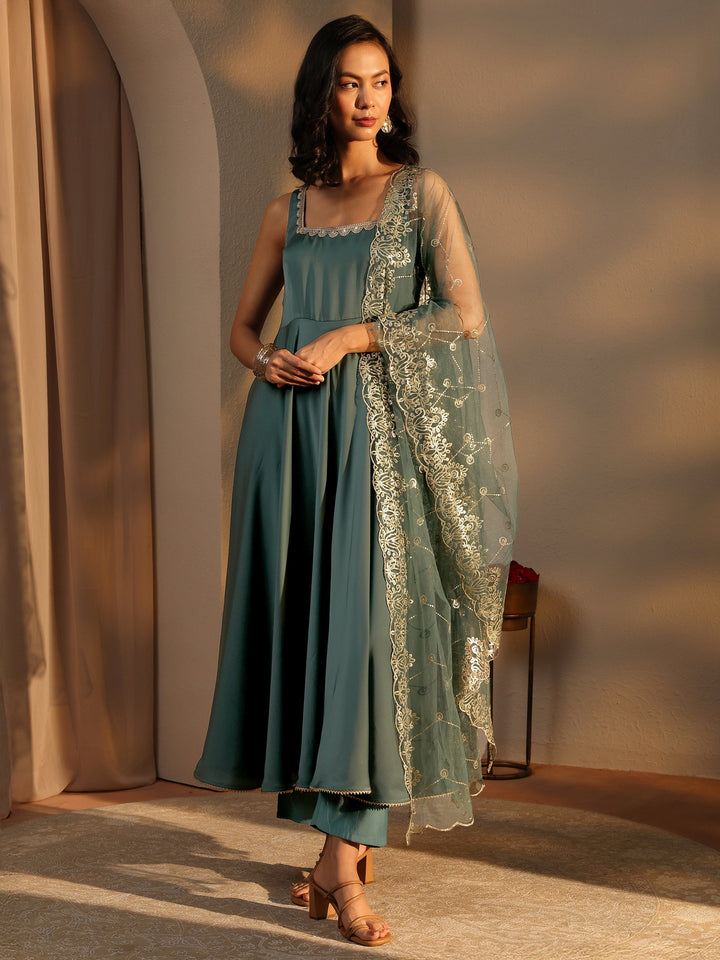 Green Solid Satin A-Line Suit Set With Dupatta