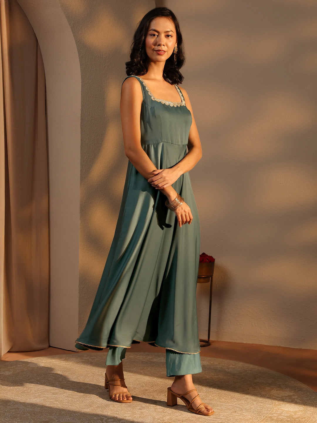 Green Solid Satin A-Line Suit Set With Dupatta