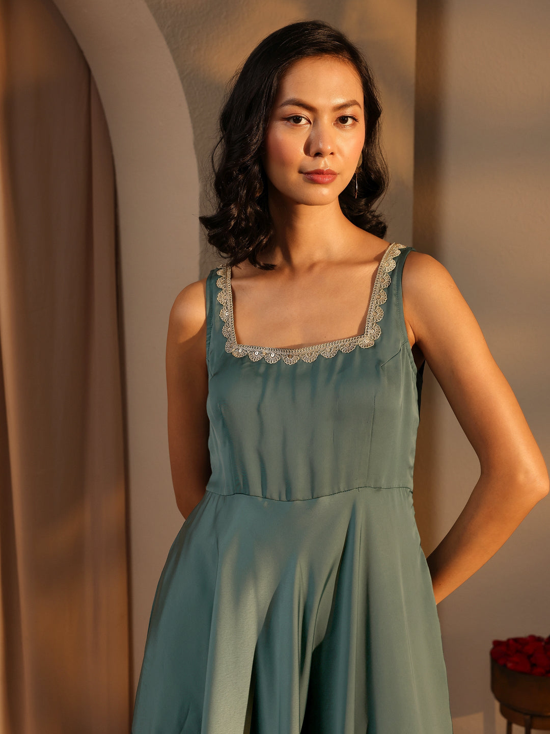 Green Solid Satin A-Line Suit Set With Dupatta