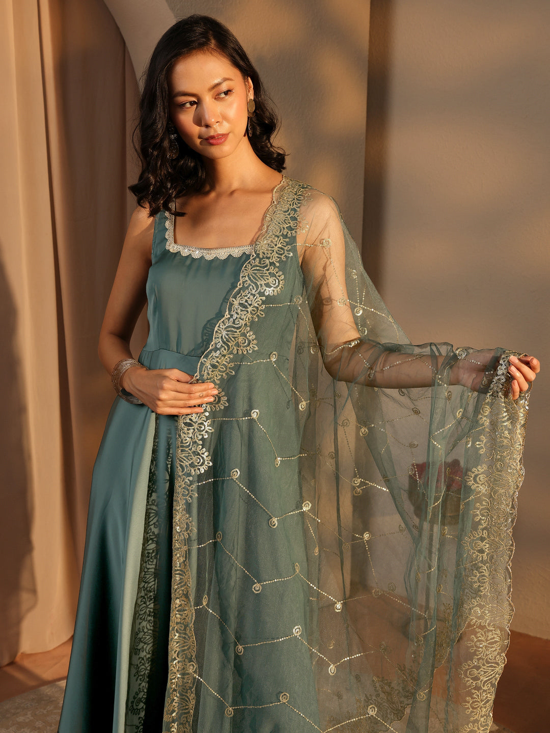 Green Solid Satin A-Line Suit Set With Dupatta
