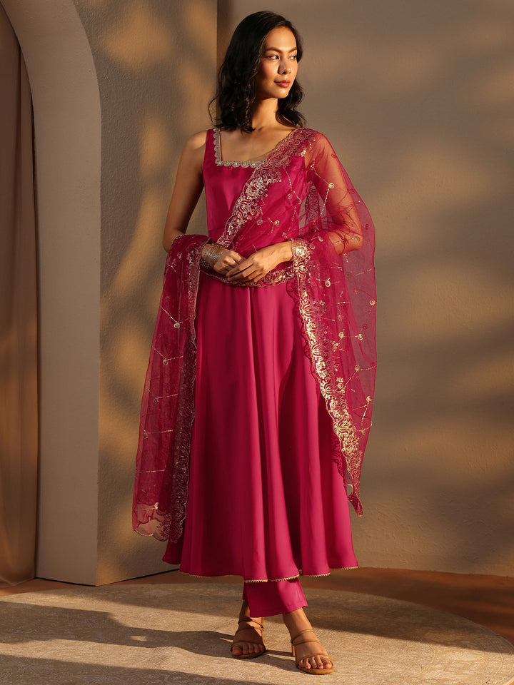 Red Solid Satin Anarkali Suit Set With Dupatta