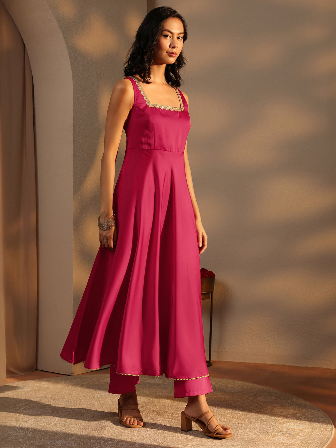 Red Solid Satin Anarkali Suit Set With Dupatta