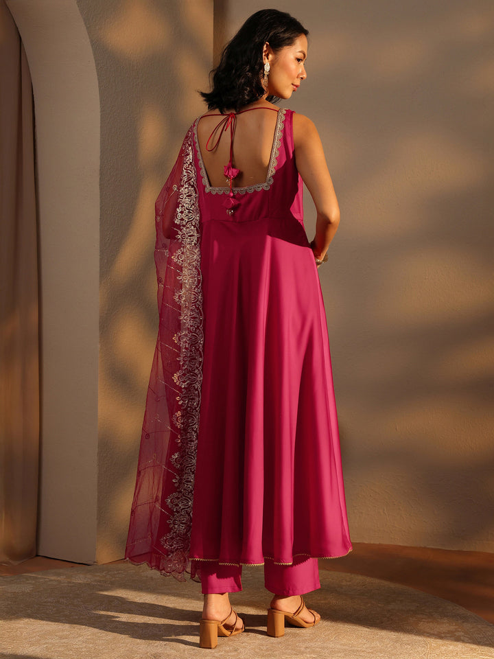 Red Solid Satin Anarkali Suit Set With Dupatta