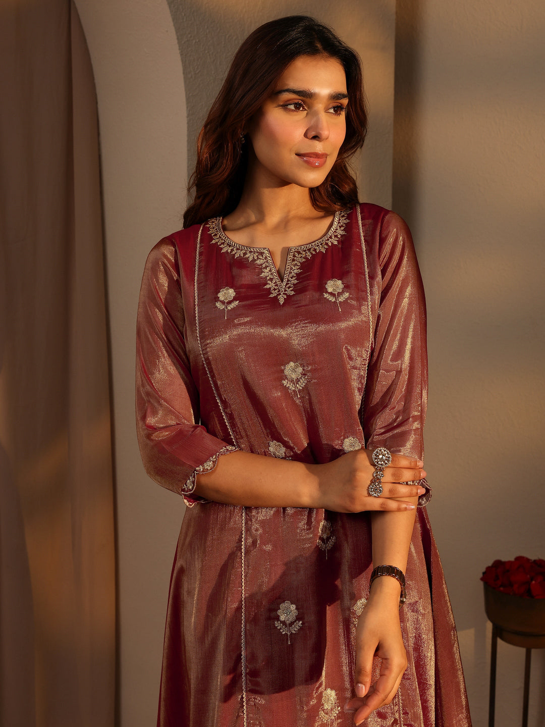 Brown Embellished Silk Blend A-Line Suit Set With Dupatta
