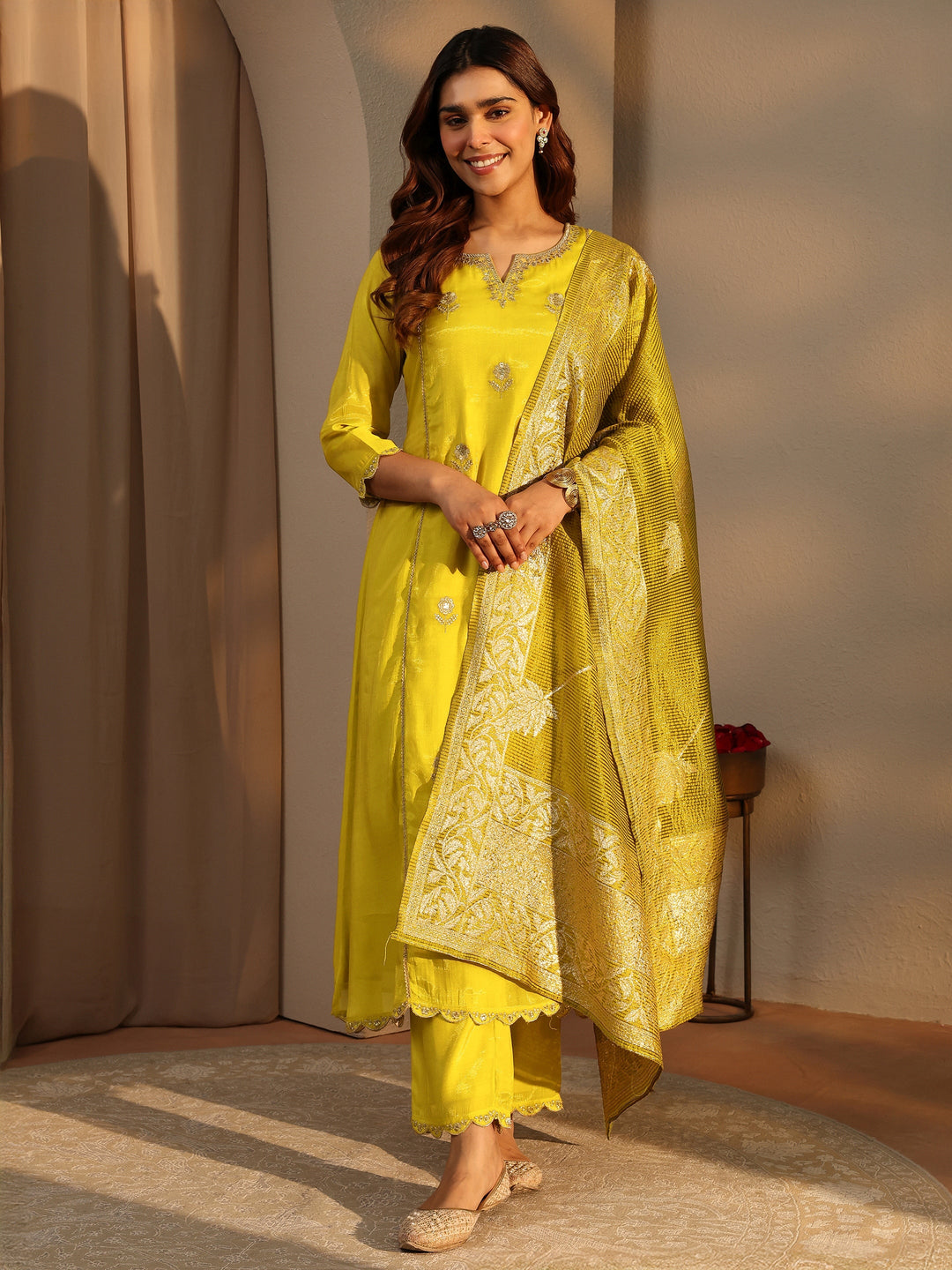 Green Embellished Silk Blend A-Line Suit Set With Dupatta