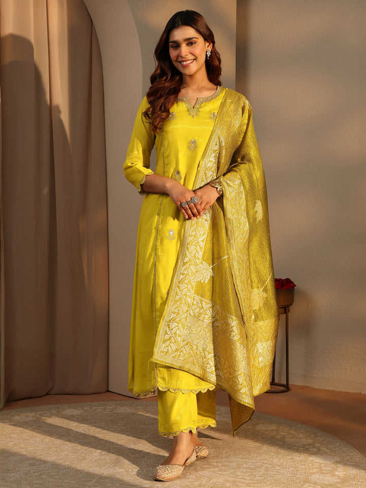 Green Embellished Silk Blend A-Line Suit Set With Dupatta