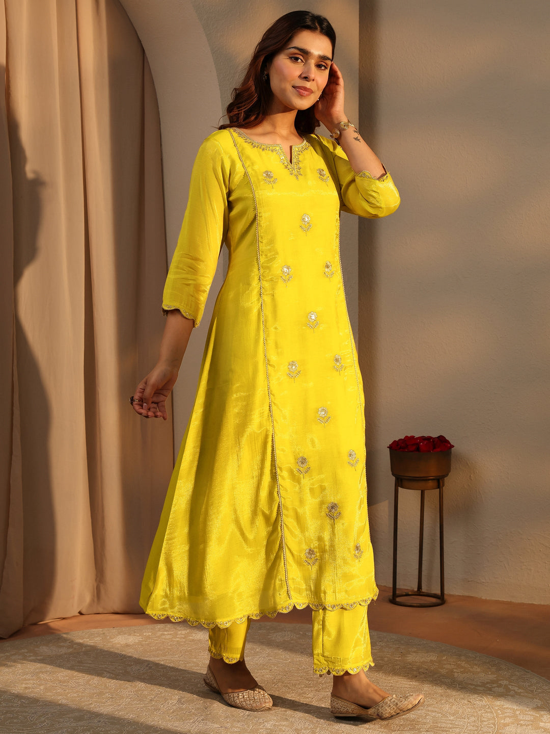 Green Embellished Silk Blend A-Line Suit Set With Dupatta