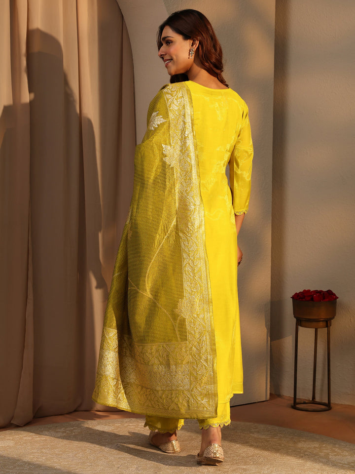 Green Embellished Silk Blend A-Line Suit Set With Dupatta