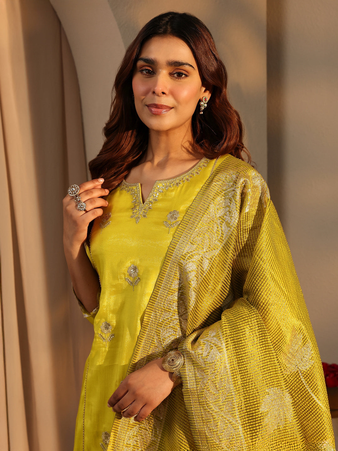 Green Embellished Silk Blend A-Line Suit Set With Dupatta