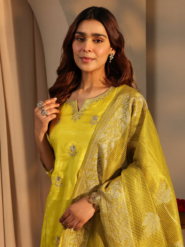 Green Embellished Silk Blend A-Line Suit Set With Dupatta