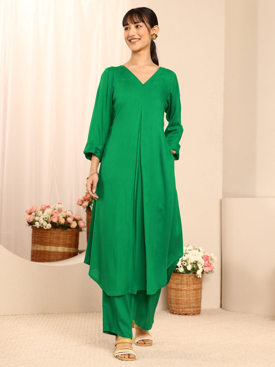 Green Solid Solid Rayon A-Line Kurta Set
