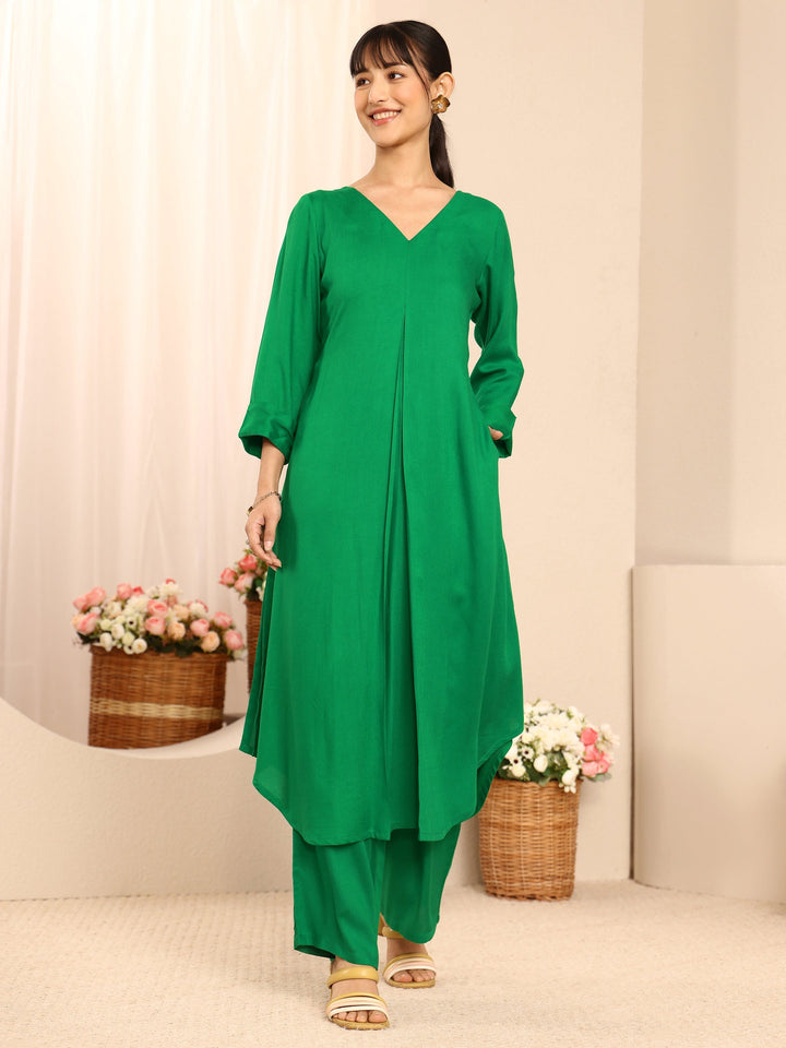 Green Solid Solid Rayon A-Line Kurta Set