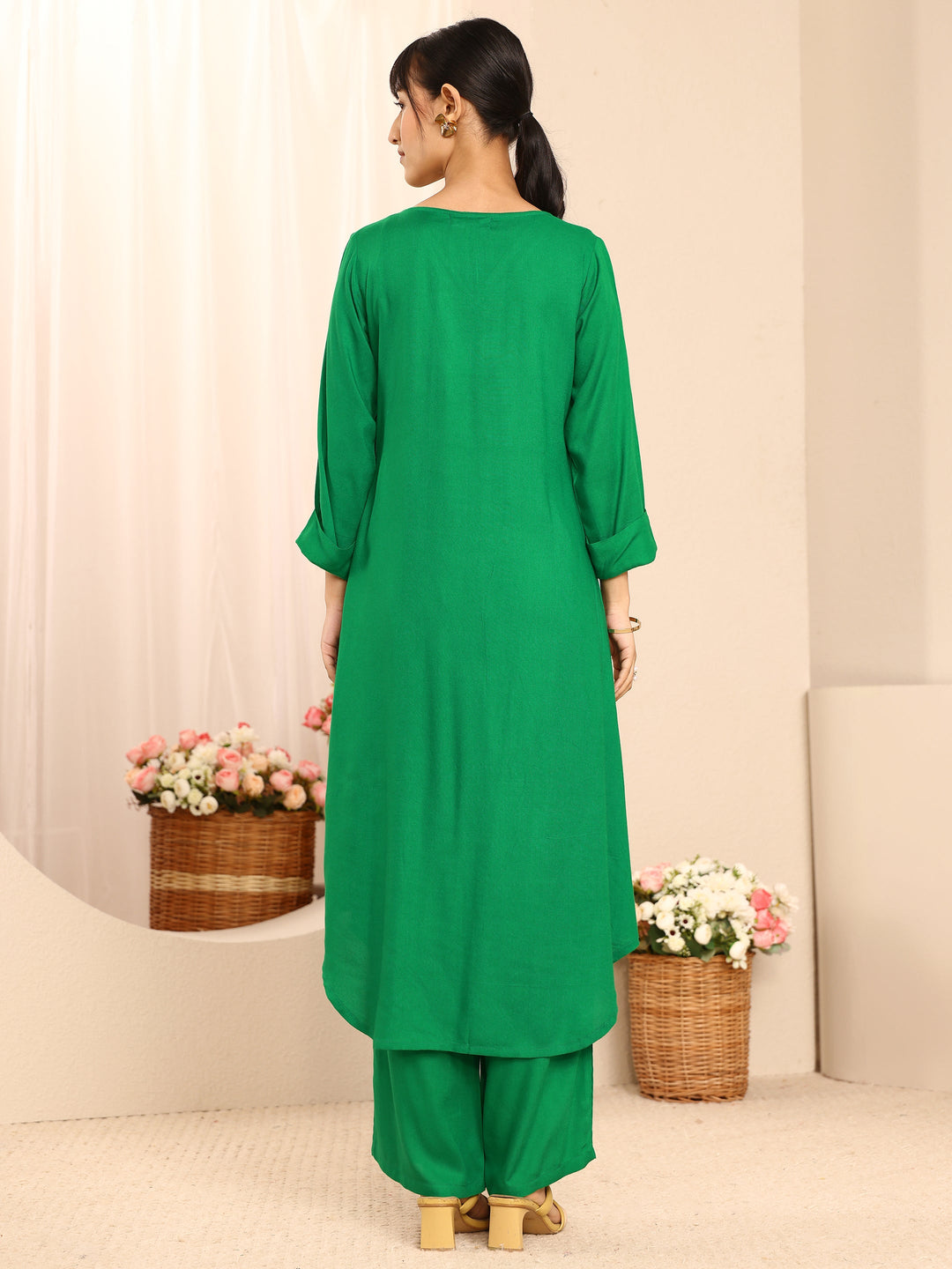 Green Solid Solid Rayon A-Line Kurta Set