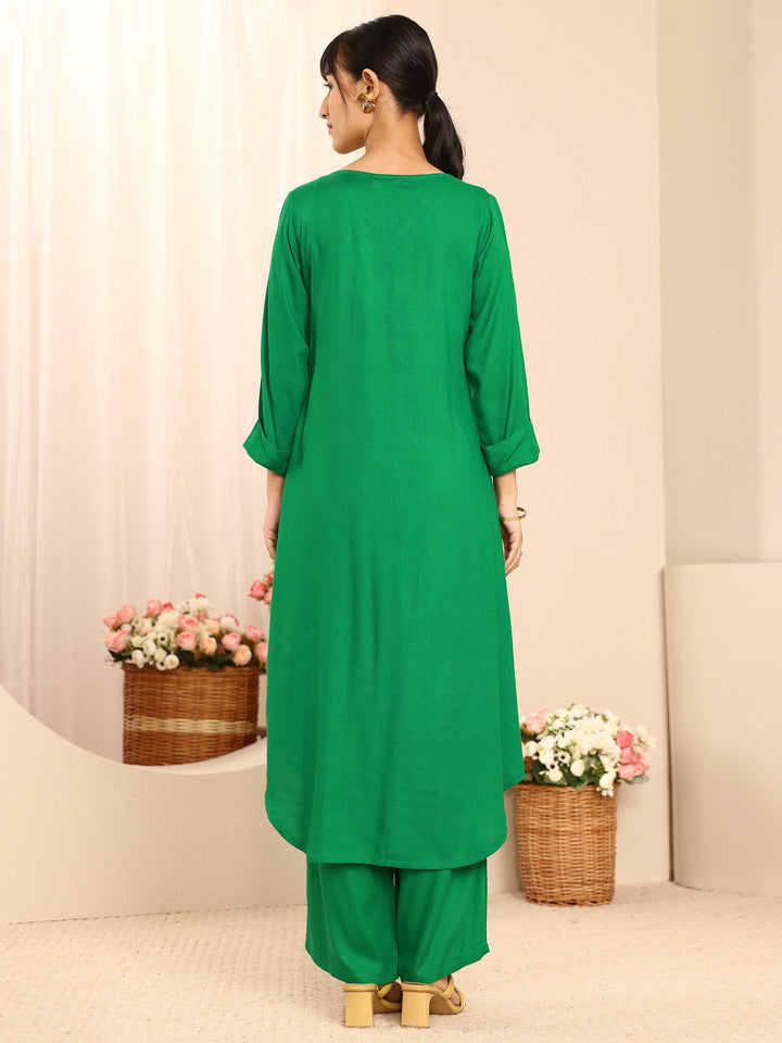 Green Solid Solid Rayon A-Line Kurta Set