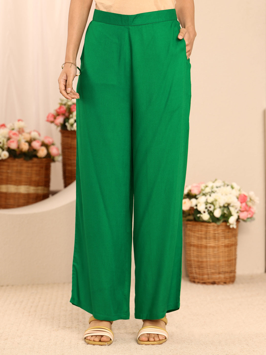 Green Solid Solid Rayon A-Line Kurta Set