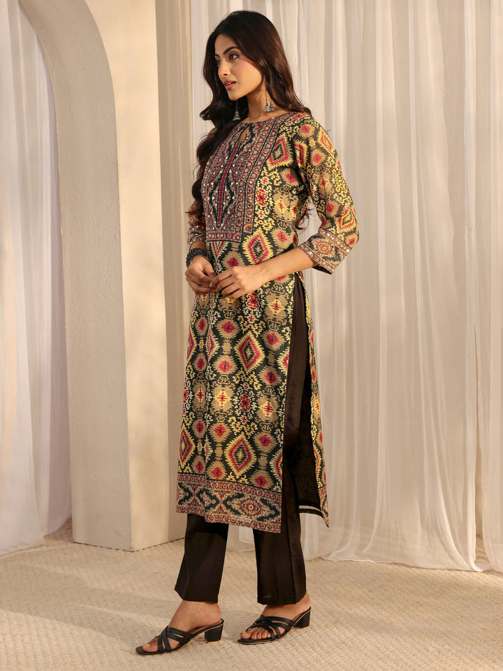 Black Abstract Printed Cotton Blend Straight Suit Set With Dupatta
